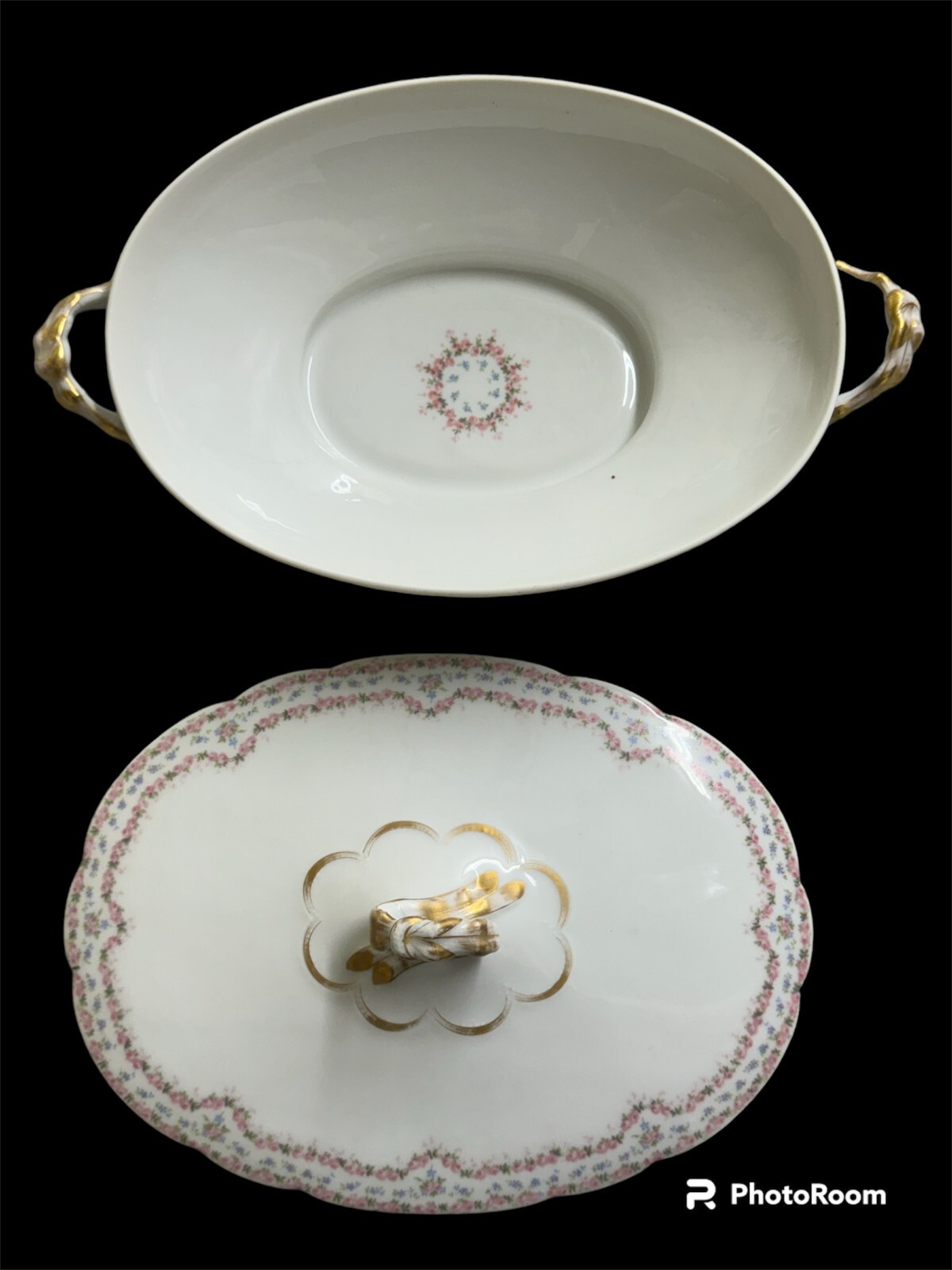 Limoges Hand Painted Tureen Early 1900s French J Pouyat Pink & Gold