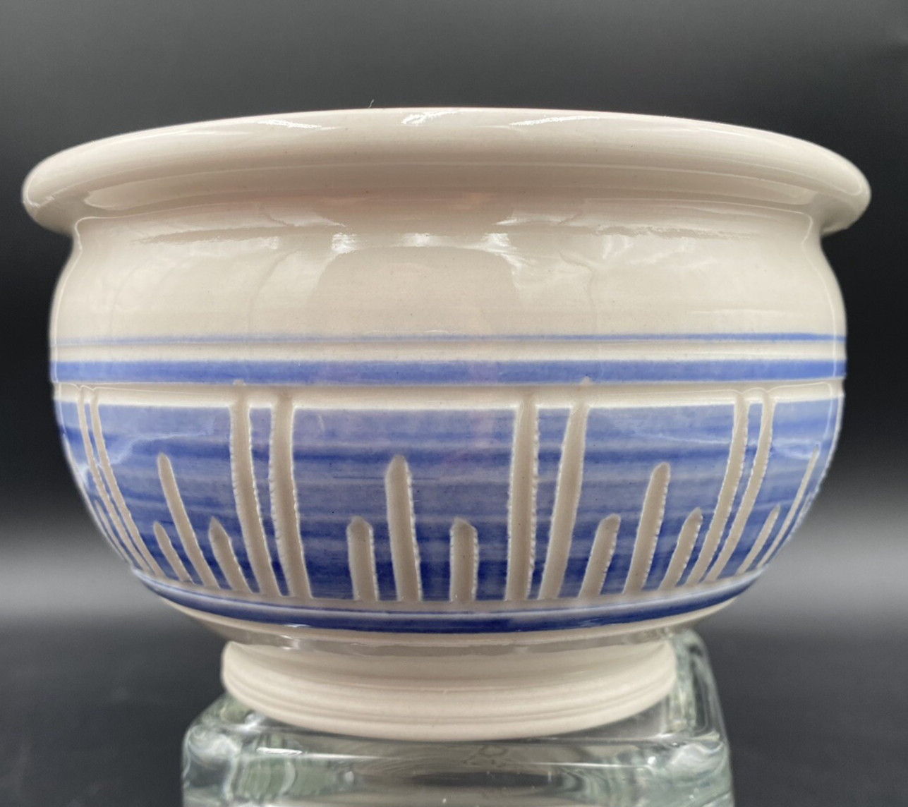 Alice Boysen Handmade Stoneware Footed Bowl, Vertical Bands on Blue, Signed