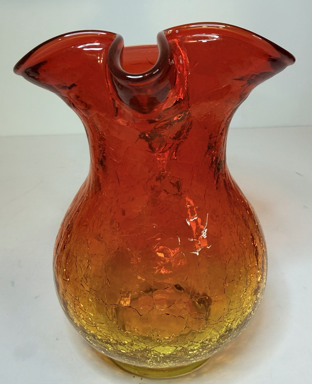 Vintage Crackle Hand Blown Art Glass Amberina Pitcher w Applied Handle 6” EB78