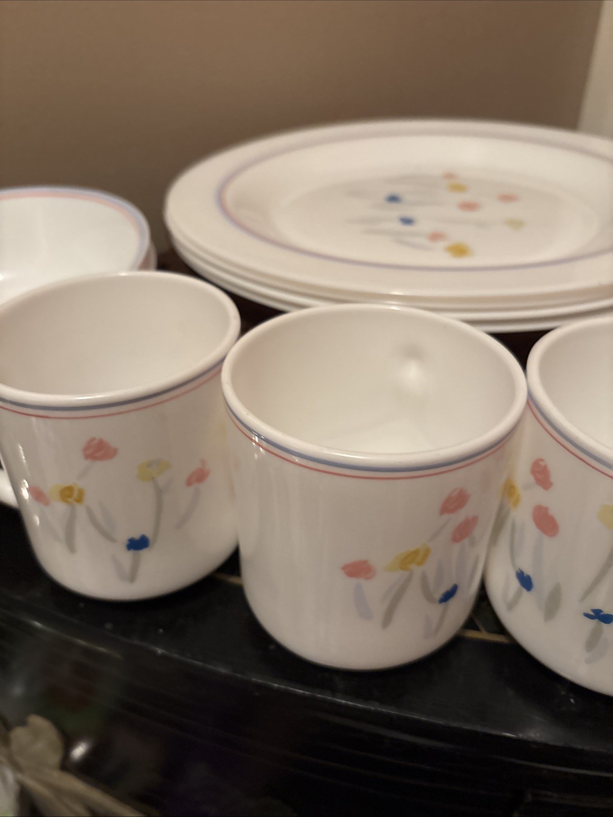 ARCOPAL France PASTORAL Vtg. Milk Glass 4 Salad 4 dinner, 3 soup bowls 4 Mugs
