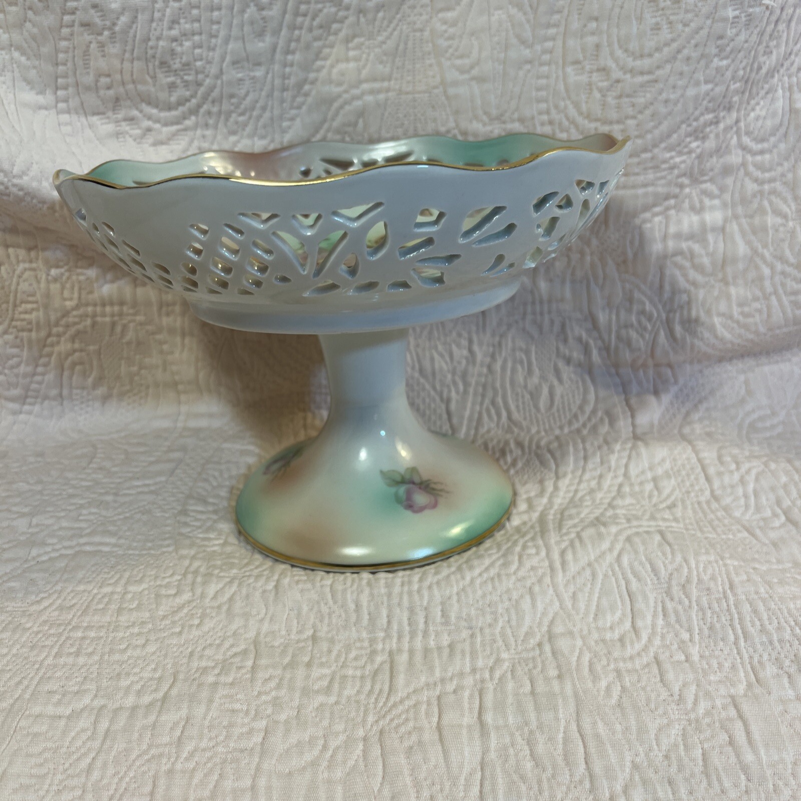 Vtg Schumann Arzberg Reticulated Pedestal Dish Pink Roses Germany