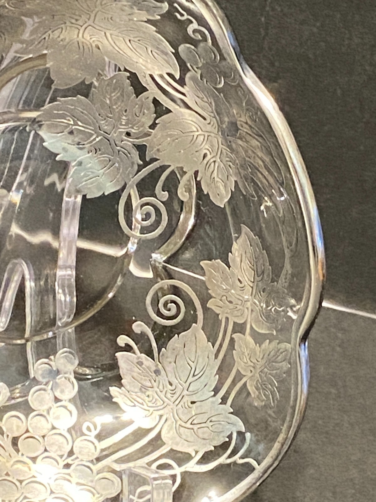 Vintage Silver Overlay Glass Candy Nut Dish Grape Vines Leaves Grapes