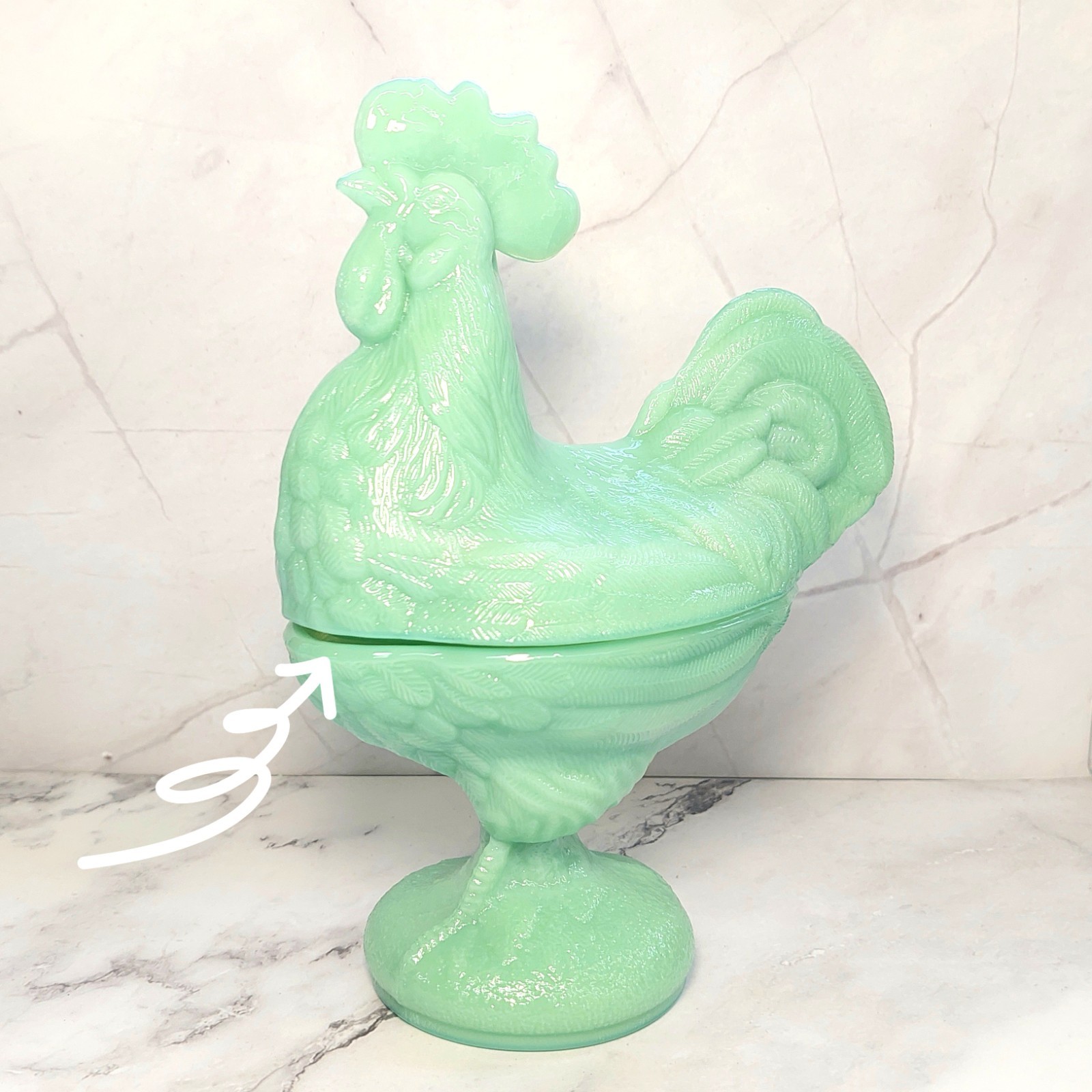 Green Jadeite Depression Style Glass Rooster Chicken Candy Dish, Hen on Nest
