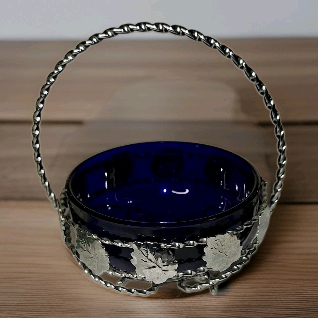 Vintage Cobalt Blue Condiment Server/ Candy Dish With Silver tone Caddy READ