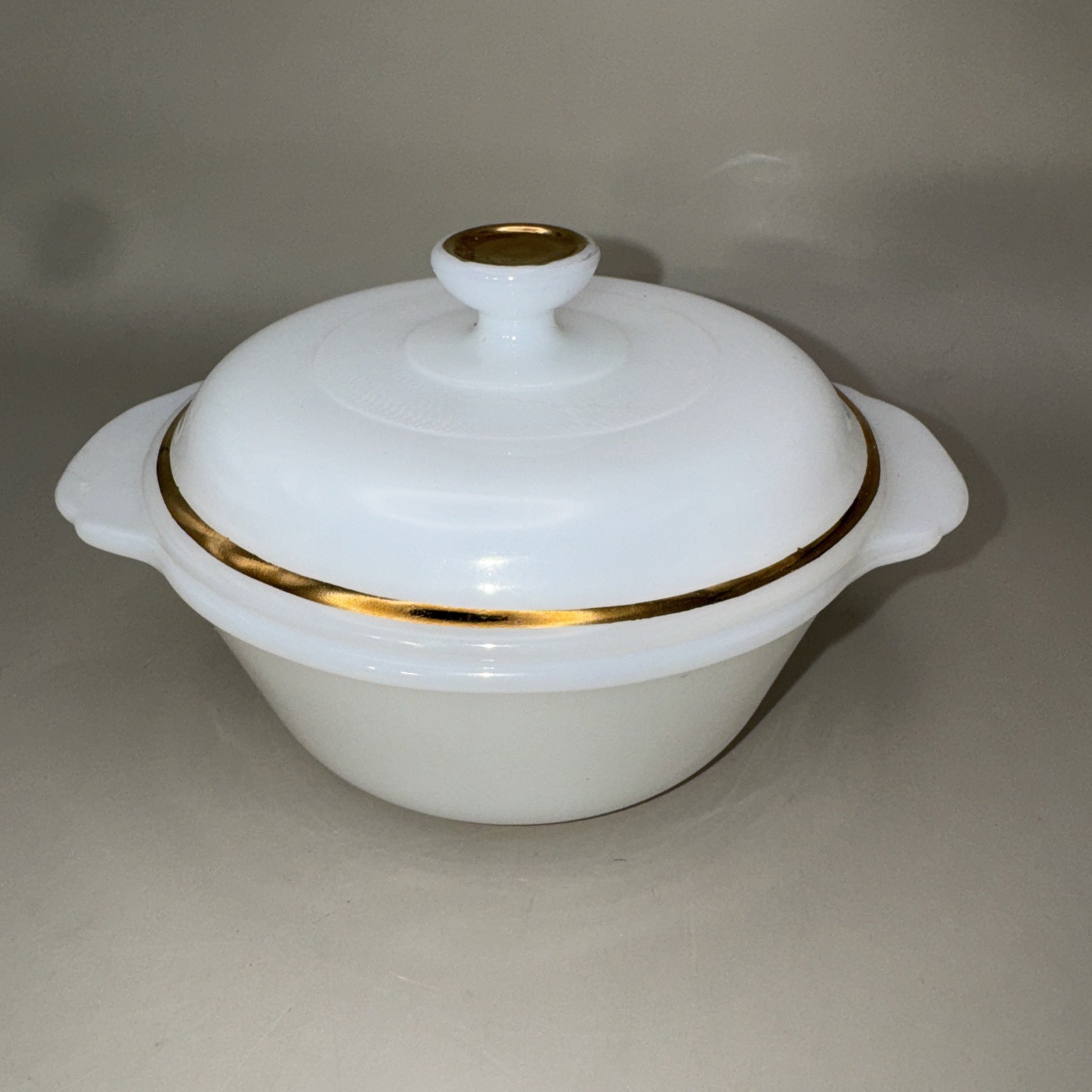 Fire King Milk Glass Covered Dish Gild Gilt Trim Vintage