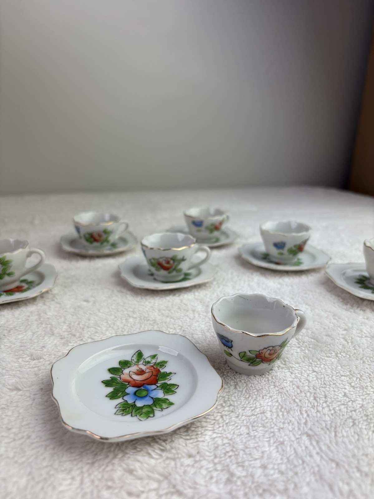 Vintage Tea Set (7) Mini Cup & Saucer Japan Scalloped Hand Painted China