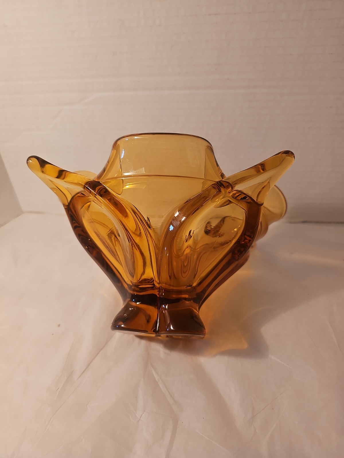 Viking Amber Chalet Four Point Ruffled Art Glass Bowl Dish Tray Vintage 9.25 In
