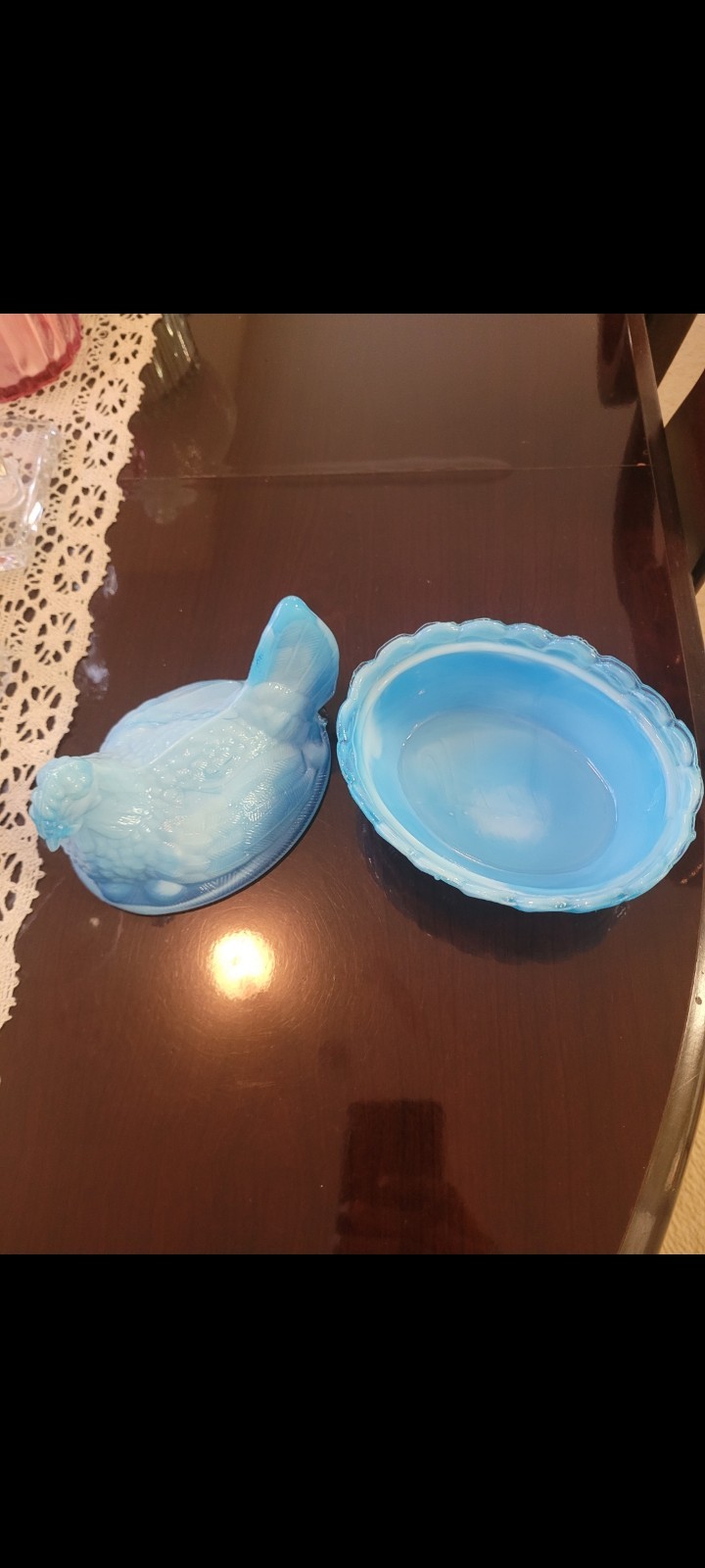 Vintage Blue Slag Glass Hen on Nest Covered Bowl Oval Dish w/ Lid 7″ x 4″