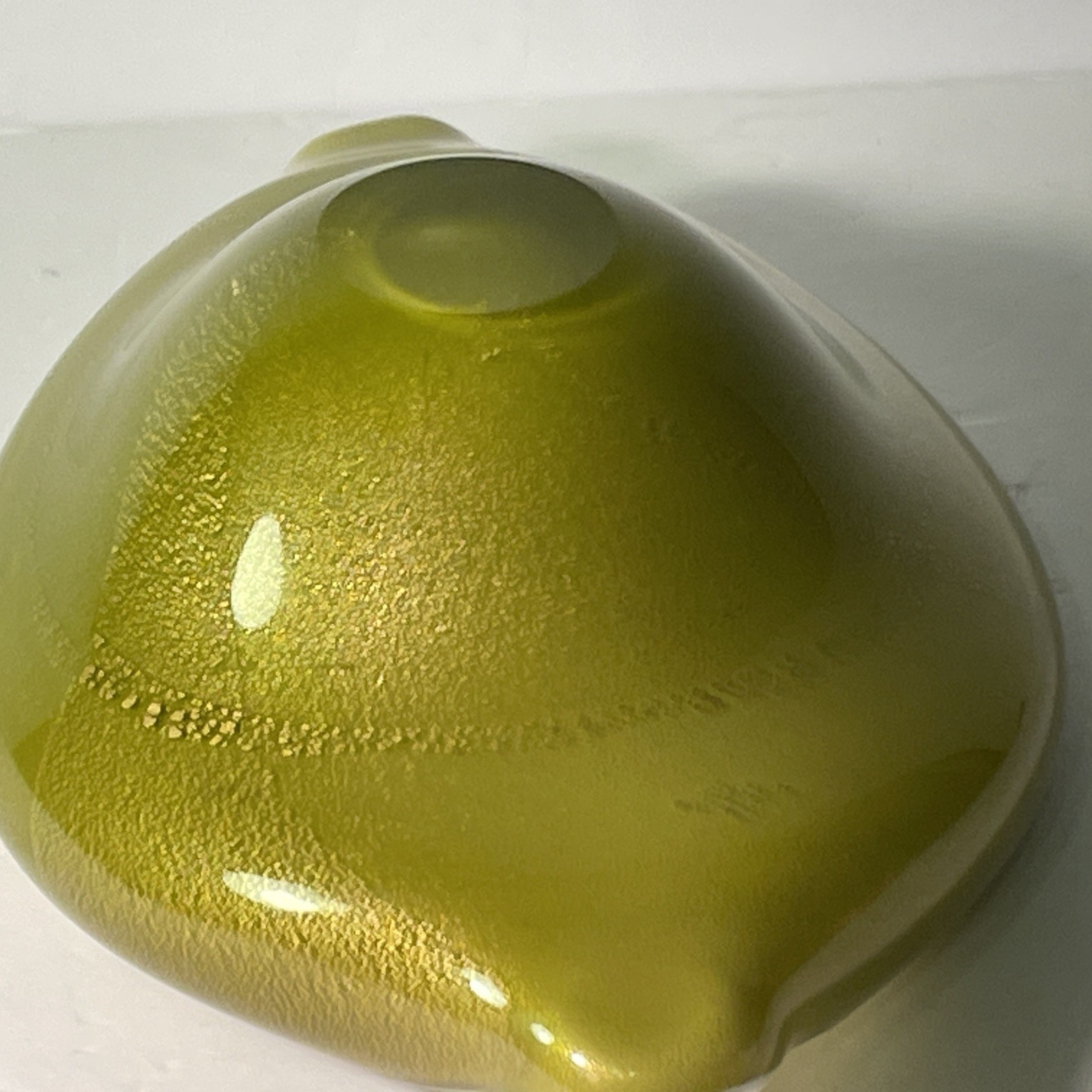 Mid Century Murano Olive Green Gold Fleck Leaf Barbini? Large Modernistic Bowl
