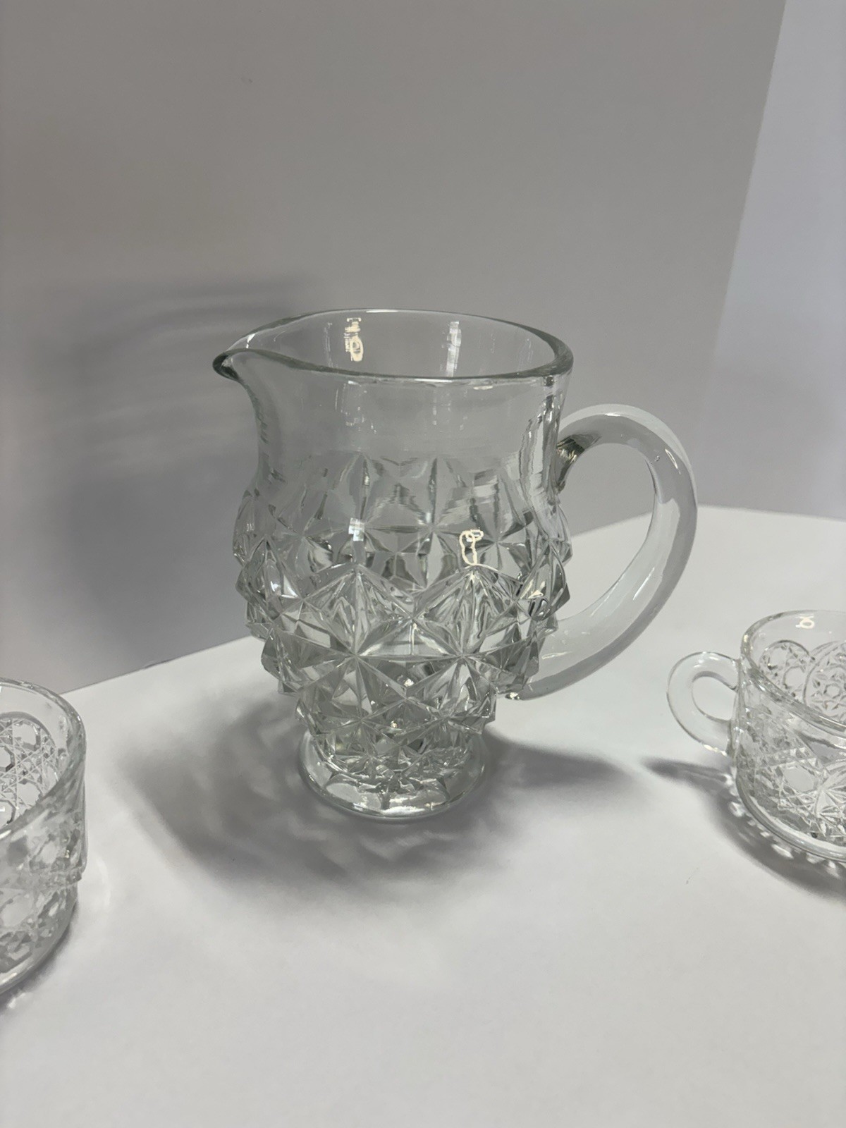 Vintage Clear Pressed Glass Pitcher & 2 Cups Cut Glass Style Starburst Pattern