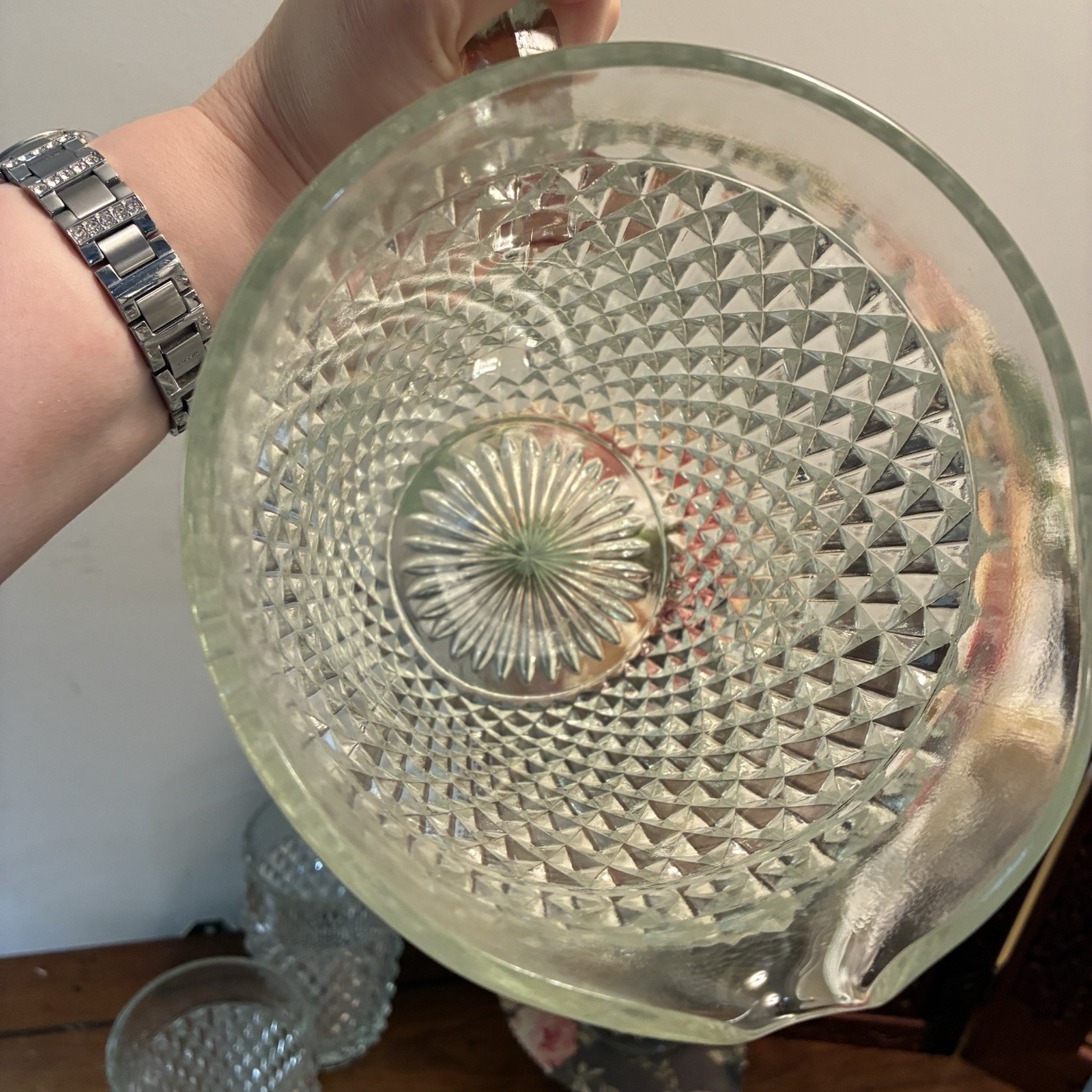 Vintage Indiana Glass Co. Pitcher Clear Diamond Point 52 oz+5 Glasses Water Tea