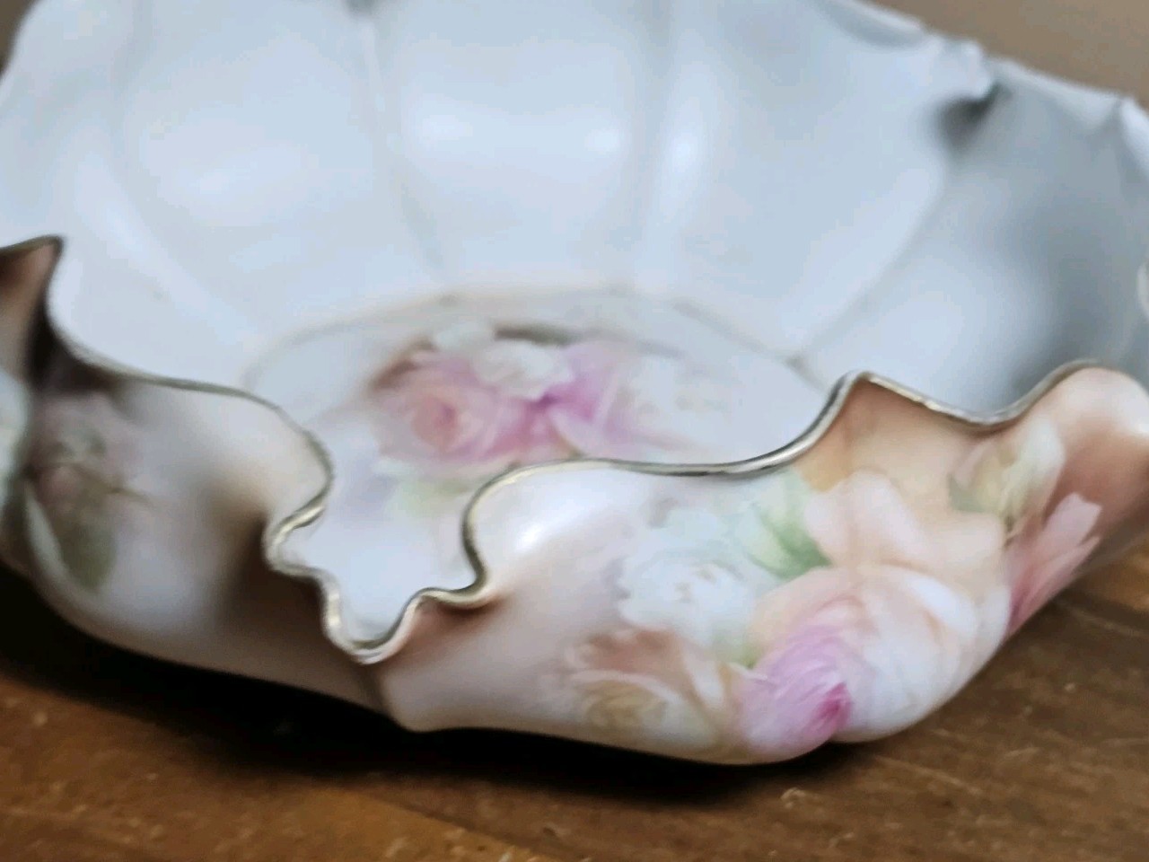 Antique RS Prussia Pink Rose 9″ Blown Out Bowl Exterior Painted Floral Gold