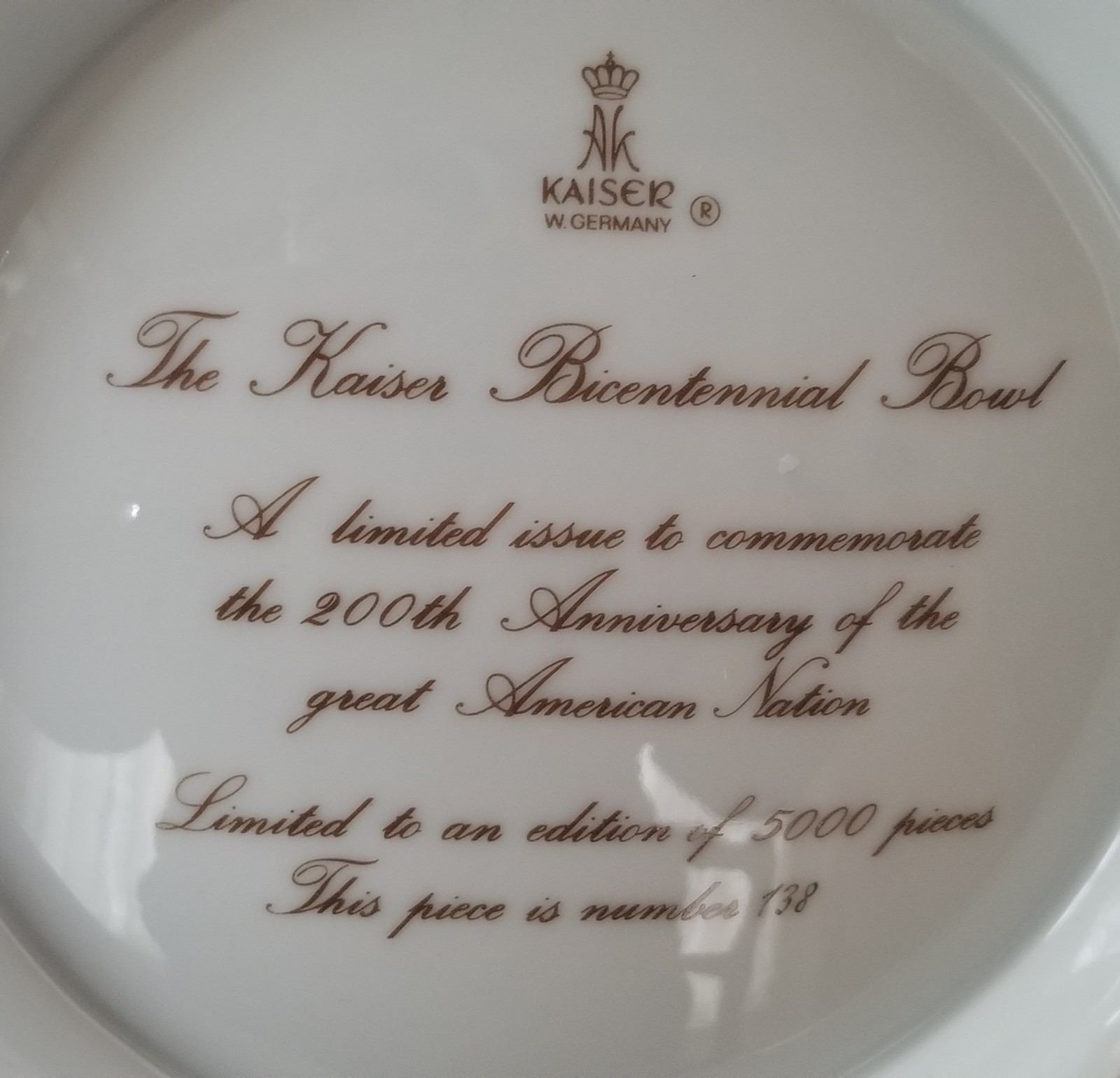 Kaiser Limited Edition Bicentennial Bowl #138 of 5,000 – Excellent Condition