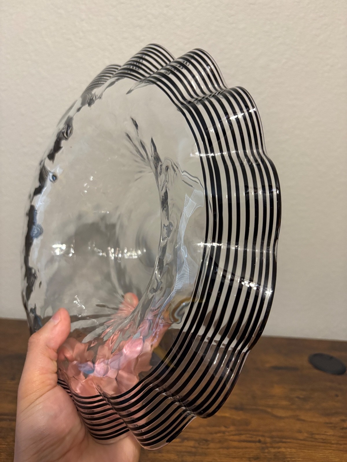 VTG FRY GLASS CO Black Threaded DIAMOND OPTIC Glass Centerpiece Bowl 11.75″W