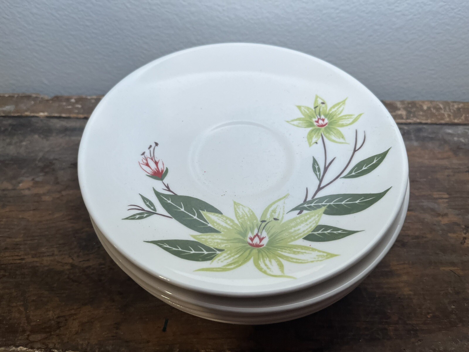 Vintage Homer Laughlin Rhythm Desert Lily Pottery Saucers Green Flowers 1952 MCM