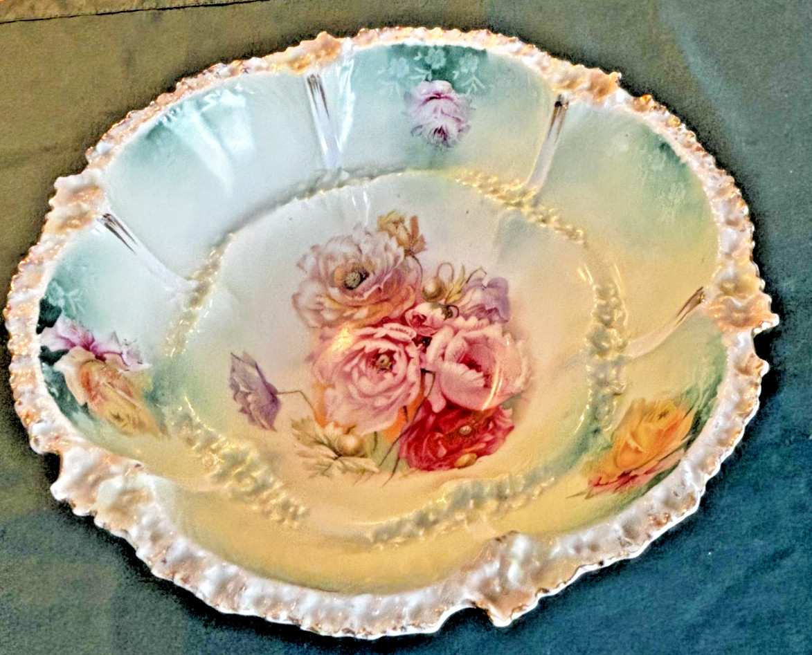Beautiful RS Prussia Antique Large Deep Floral Bowl 10″ Red Mark PERFECT Cond.