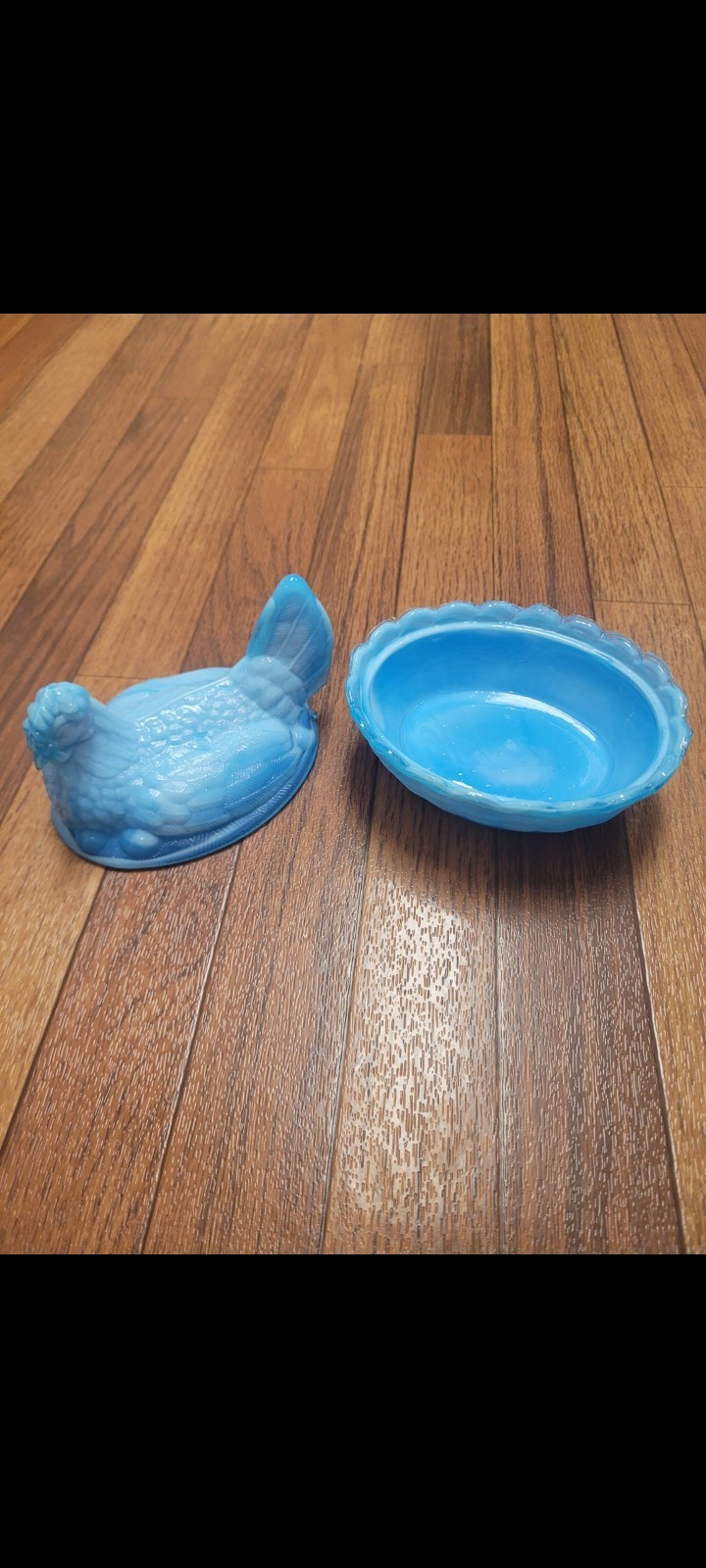 Vintage Blue Slag Glass Hen on Nest Covered Bowl Oval Dish w/ Lid 7″ x 4″
