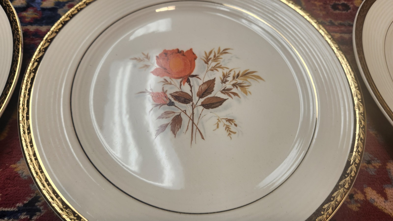 6 Triumph American Limoges-Vermillion Rose 9.25 Inch Plates Sebring Ohio 22k