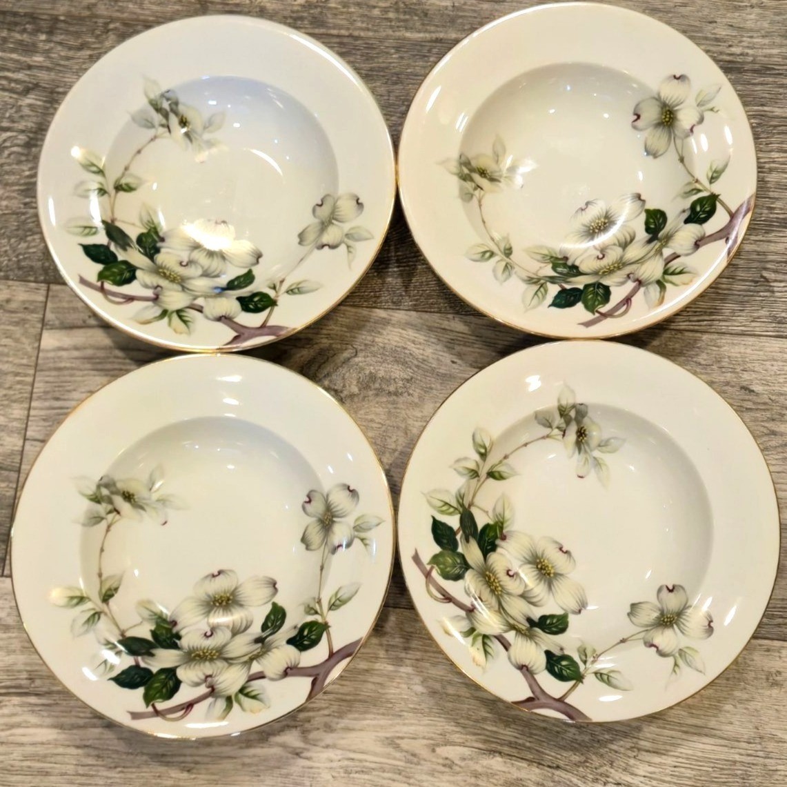 Vintage Dogwood floral Rimmed Soup Bowls Livonia Meito made in Occupied Japan x4