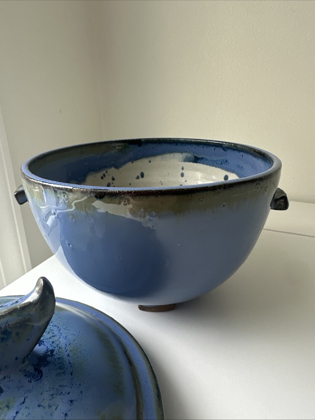 Vintage Studio Pottery Covered Bowl Blue Glaze Handmade Ceramic Dish