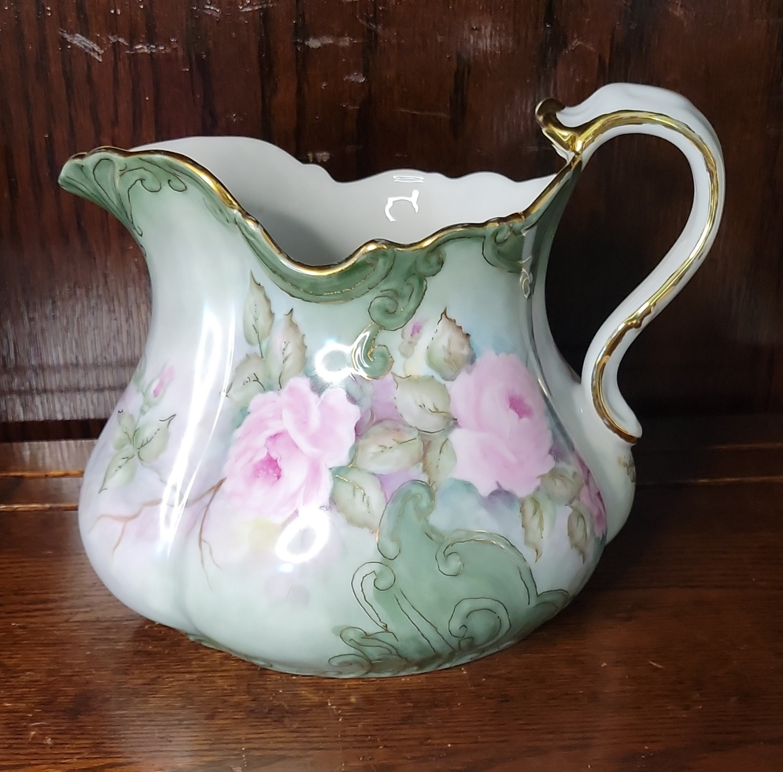Lefton Heritage Roses Porcelain Pitcher White Pink Green Gold Trim