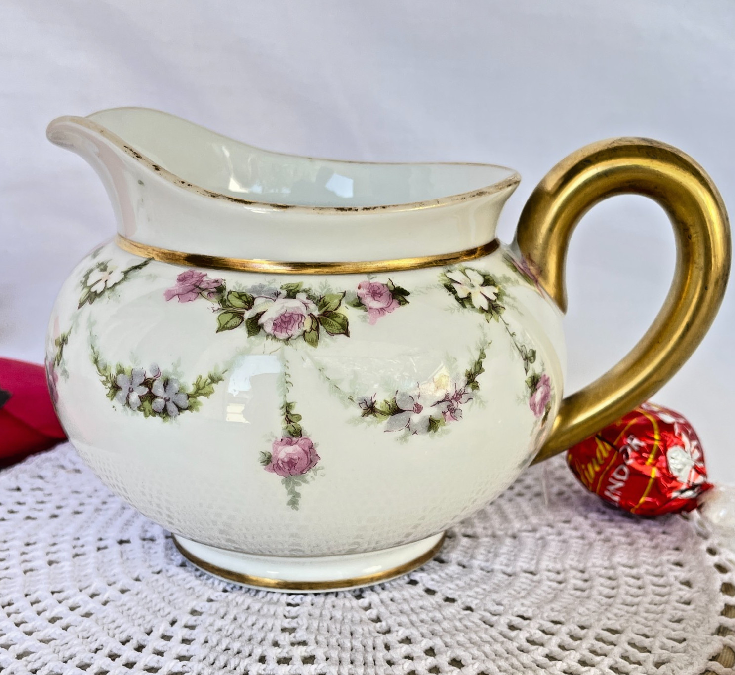 Antique D & C France White Porcelain Rose Garland Gold Handle Creamer