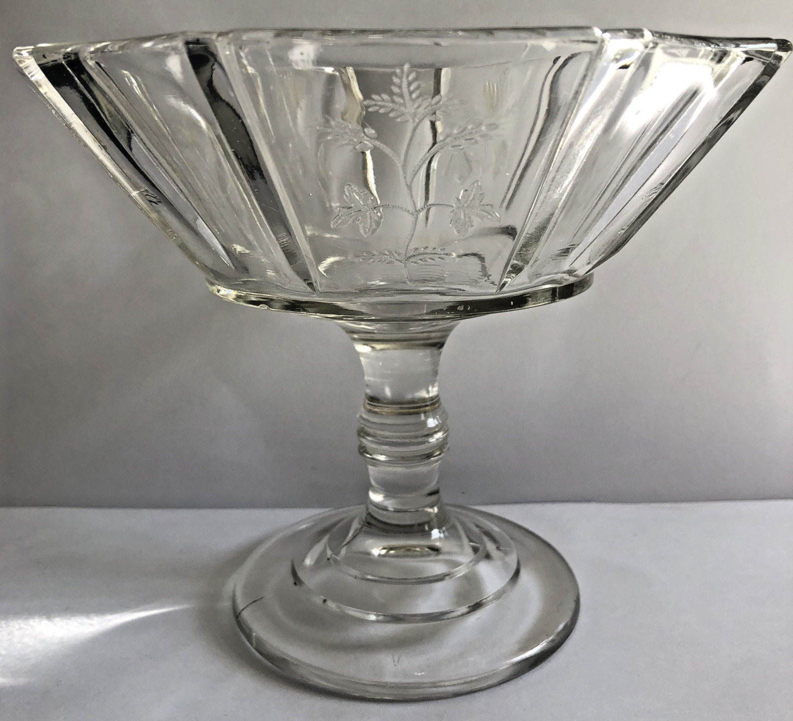 Bryce Higbee Indian Tree Paneled Glass Pedestal Compote 5.5″ EAPG Sprig Pattern