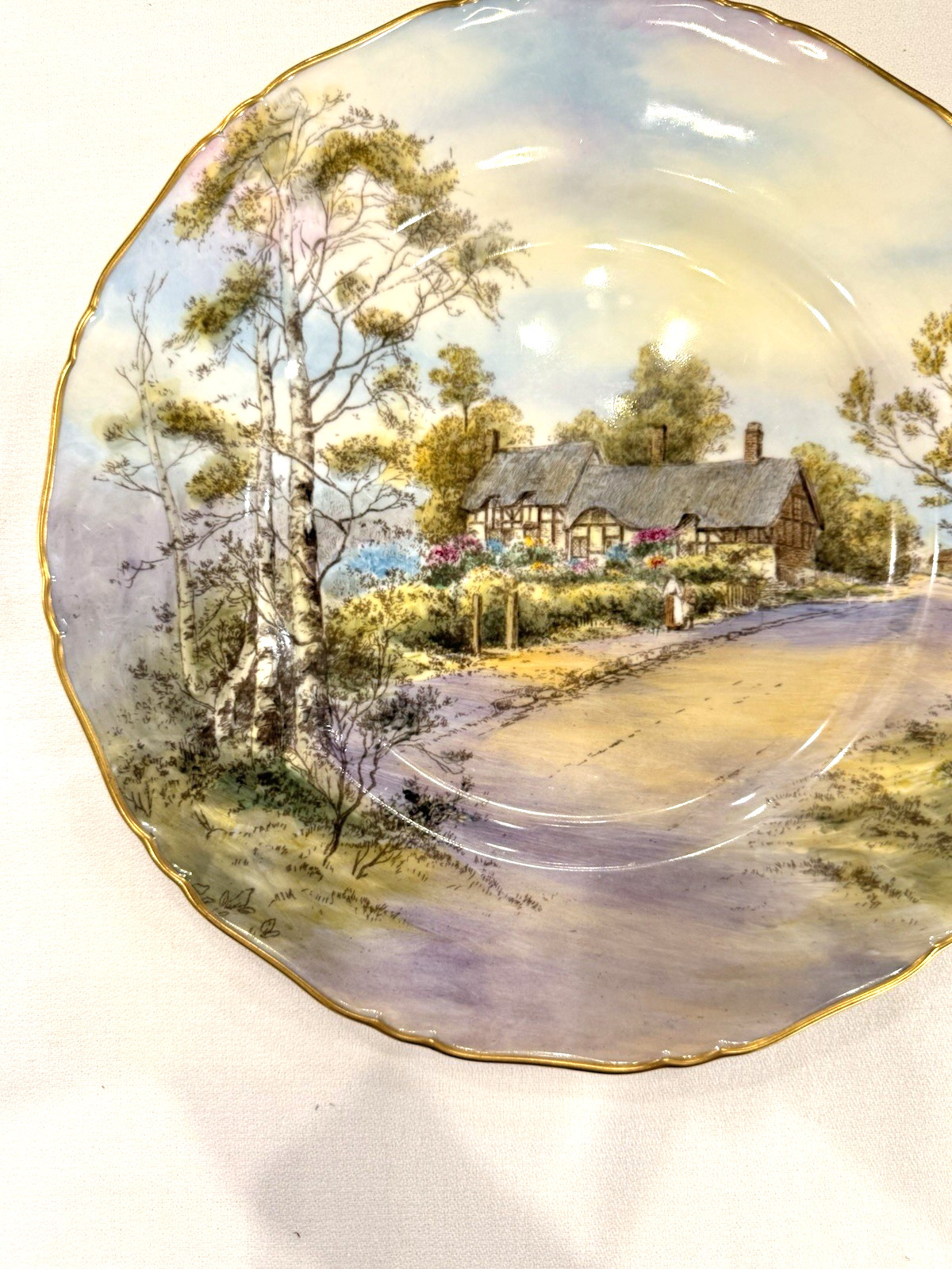 Pristine 1952 Royal Worcester Anne Hathaway Cottage Plate Signed J. Smith 10.5″
