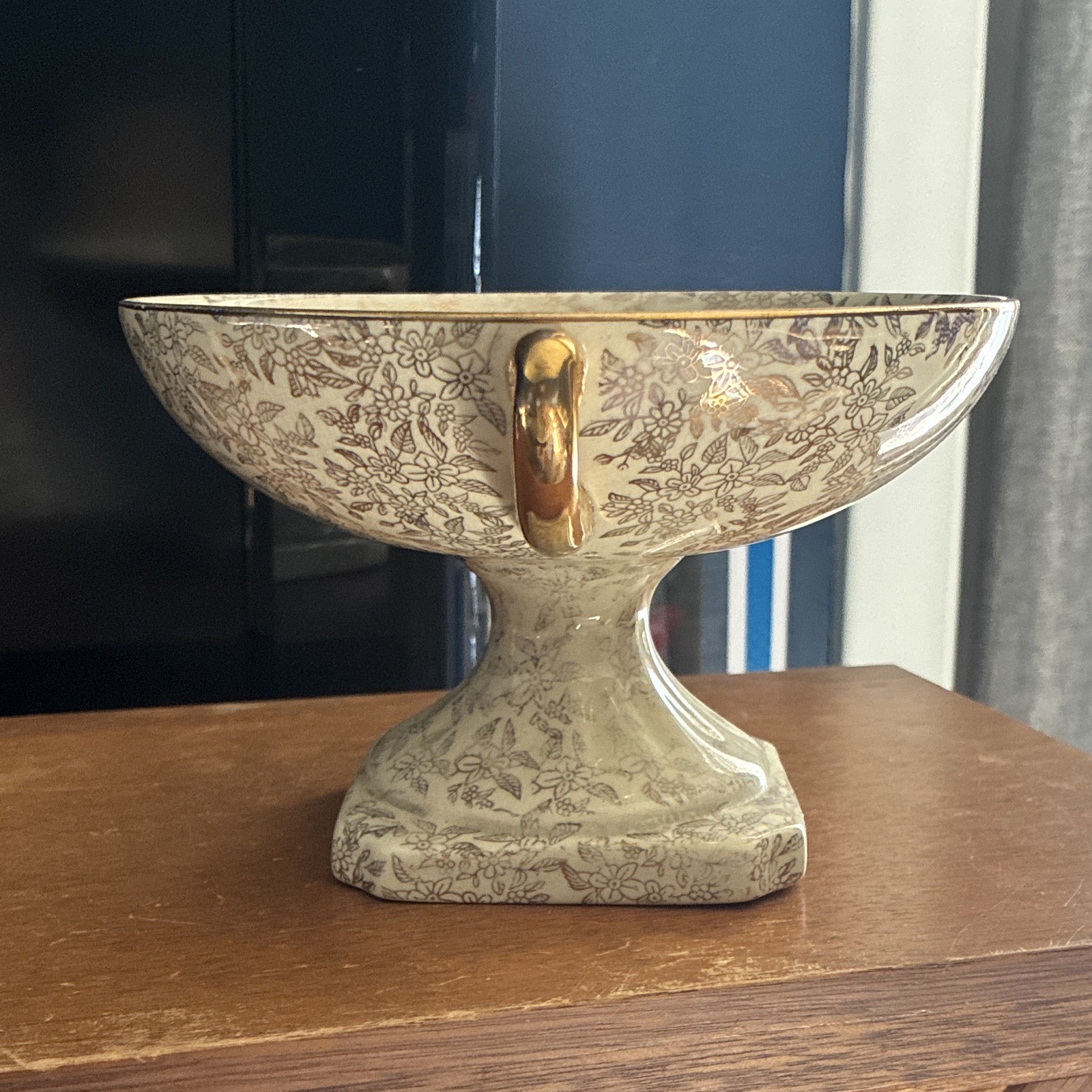 Lancaster Floral Compote & Pedestal Bowl, Gold Handles, Glossy Ceramic, England