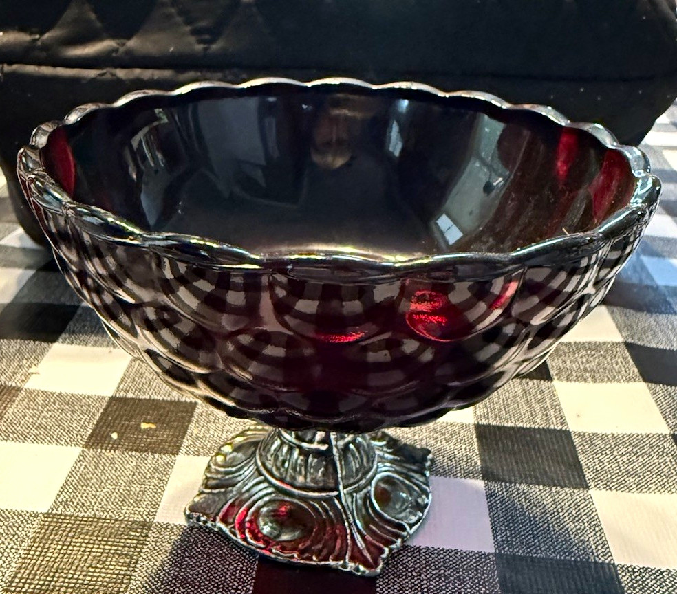 Unmarked Red Glass Honeycomb Round Footed Pedestal Bowl, Scalloped Rim