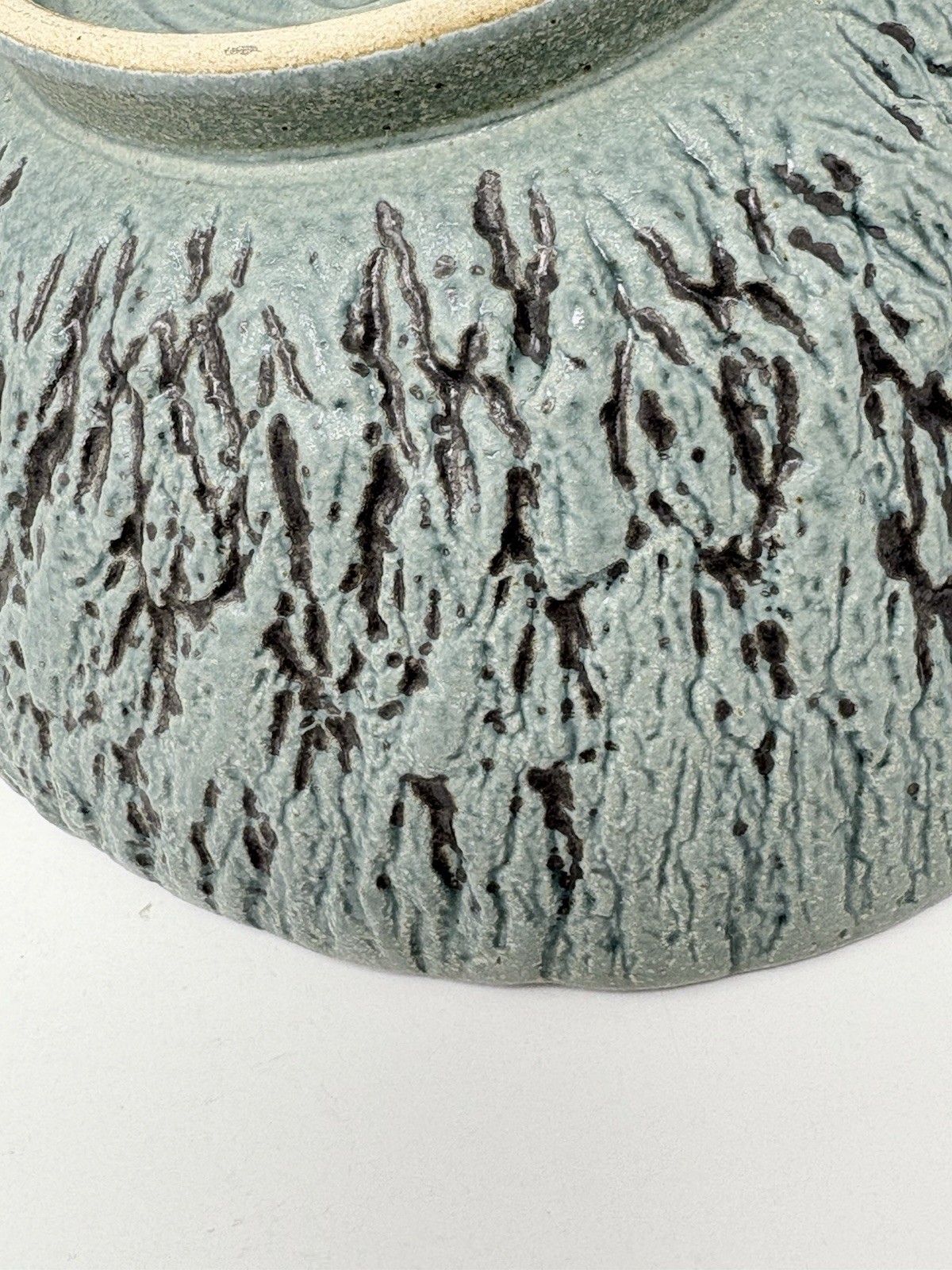Studio Artisan Pottery Bowl Green Textured Tree Bark Matte Signed Marked 6.5″