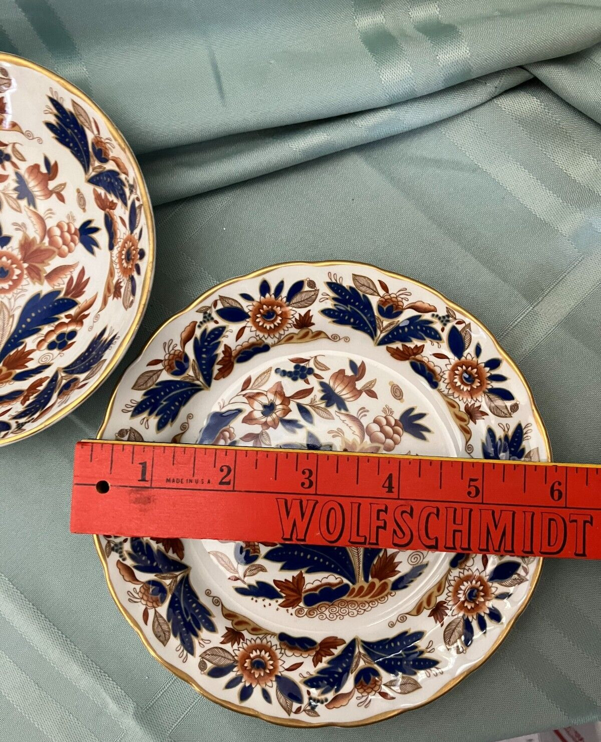 Booths Dovedale Rust & Blue Fruit/Dessert Bowl & Bread/Dessert Plate Gold Edge