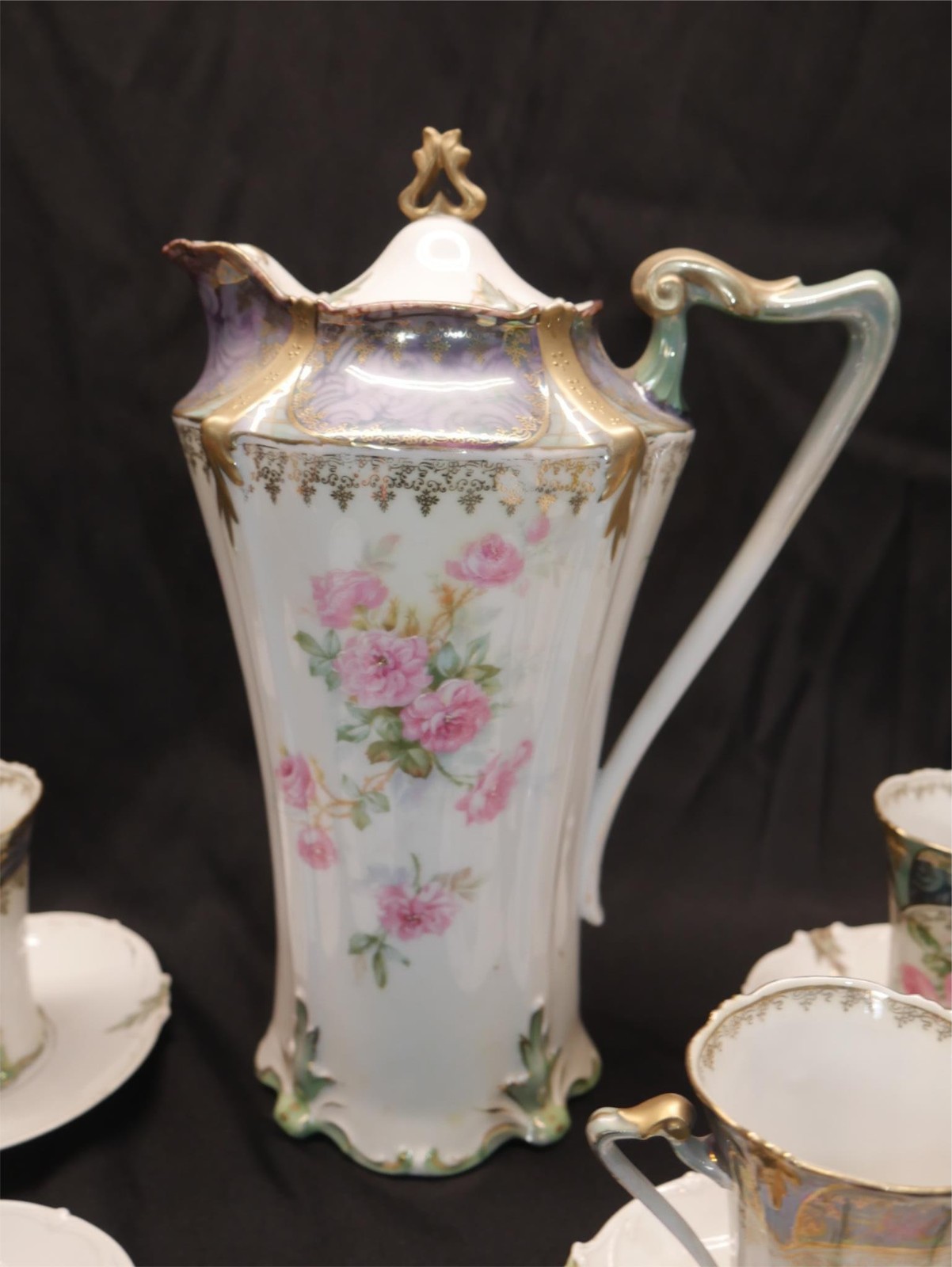 11pc ANTIQUE RS PRUSSIA hand painted FLORAL GOLD CHOCOLATE POT CUP & SAUCER set