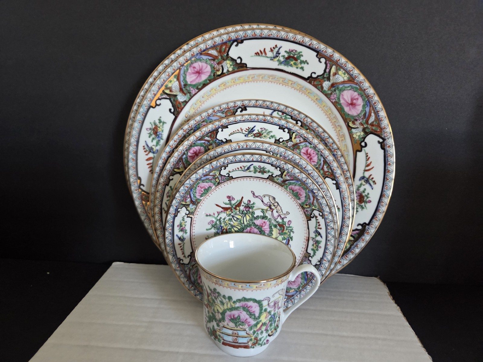 Rose Canton By Famille Rose Birds And Butterflies 6 Pc. Place Setting Gold…