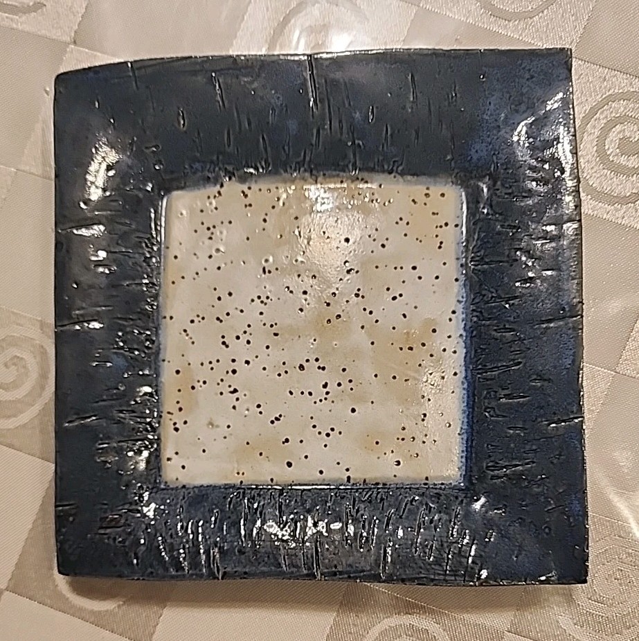 2 Studio Pottery Square Plates Hand Thrown Blue Tan Clay Stamped/Signed 9”, 5.6″