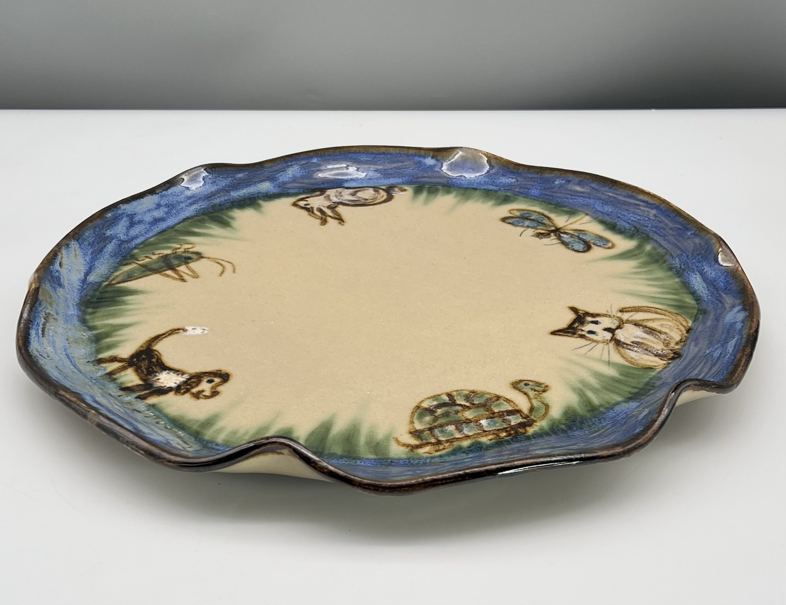 Janet Resnik HUGE 15.25″ LAZY SUSAN PLATTER Country Animals STUDIO ART POTTERY