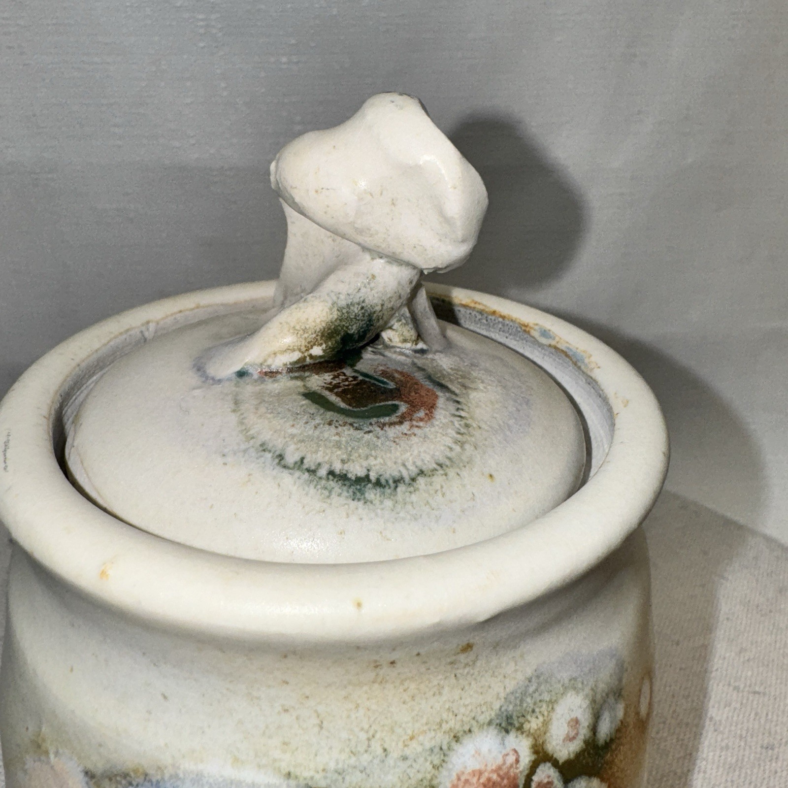 Signed Studio Pottery Lidded Jar Home Decor Cream Earthy Abstract Organic Art