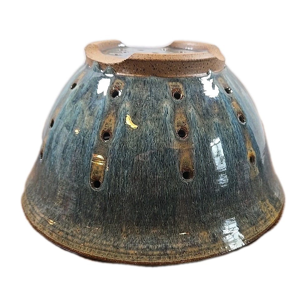 Glazed Pottery Vegetable Strainer Bowl Blue Beige Colander Heavy Kitchenware