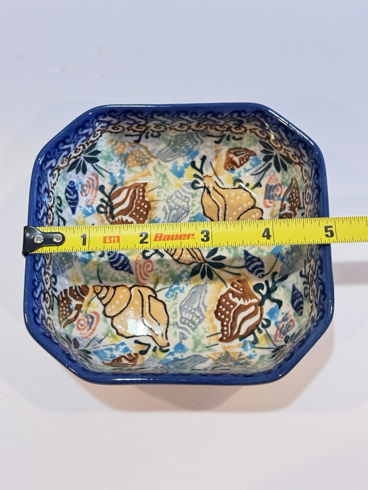 Unikat 1899 Poland Pottery Square Bowl Dish Seashell Waves 5″ D Skiba Hand Made
