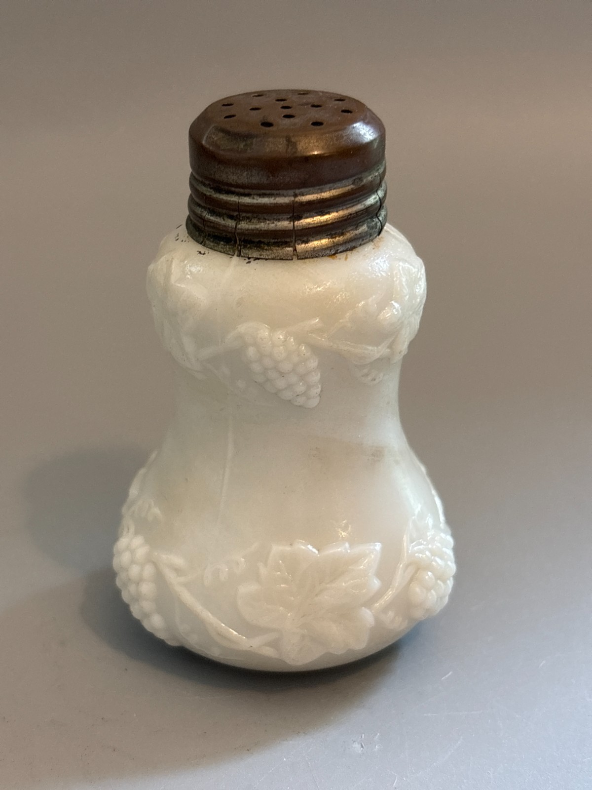 Antique Northwood EAPG Milk Glass Grape Leaf Salt Shaker Metal Lid c1895 Vtg