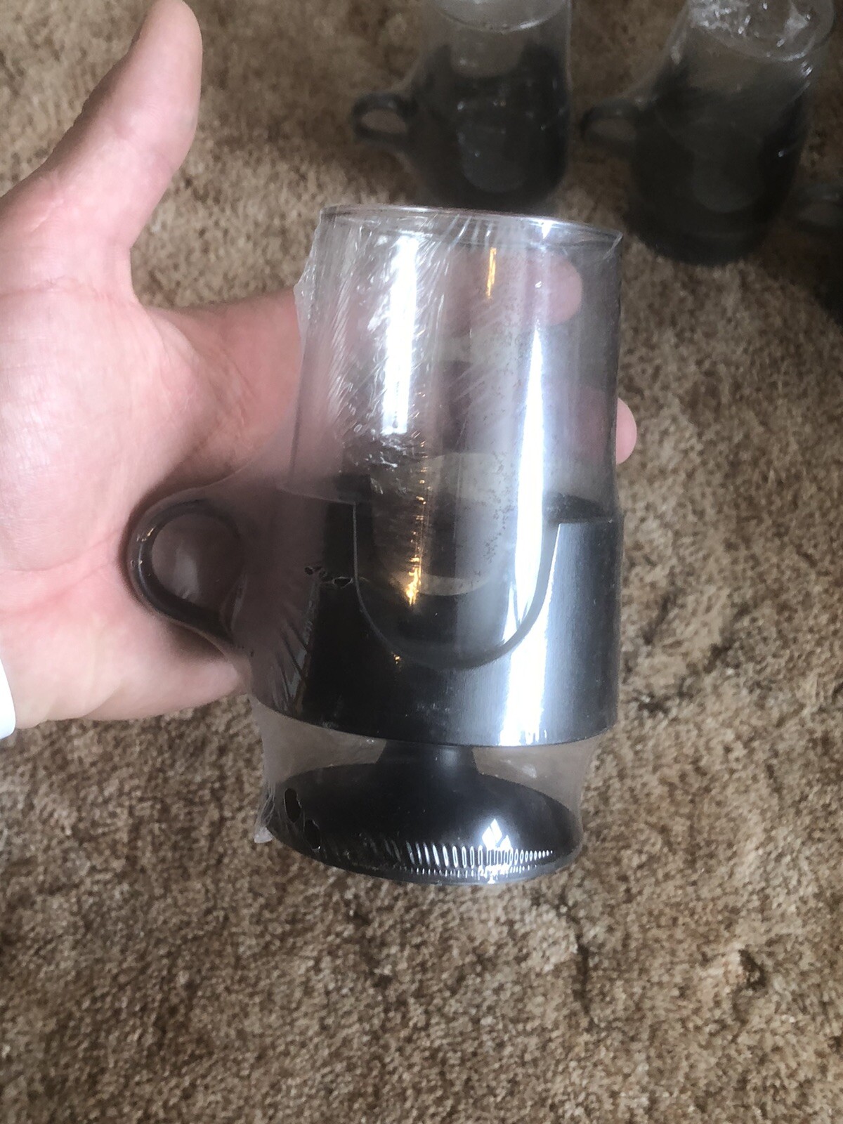 NEW Set of 4 Vintage Corning Glas-Snap Mugs Black Base Glassware 12oz Hot Cold