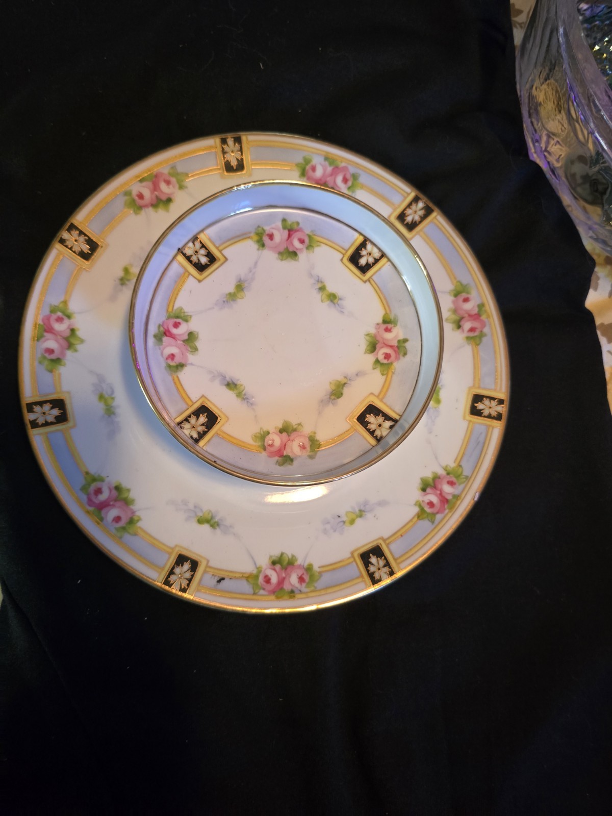 Nippon Porcelain Plate White Pink Blue Floral Gold Trim Black Border Round