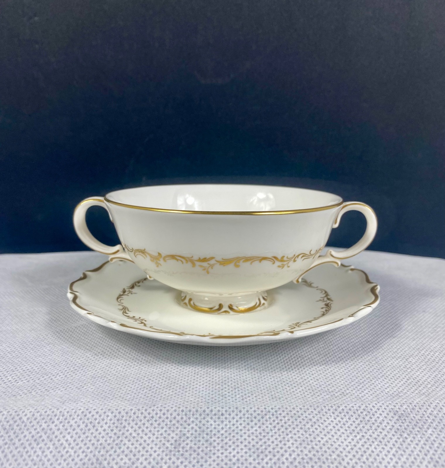 Royal Doulton England “RICHELIEU” Footed Cream Soup w/ Saucer Fine Bone China