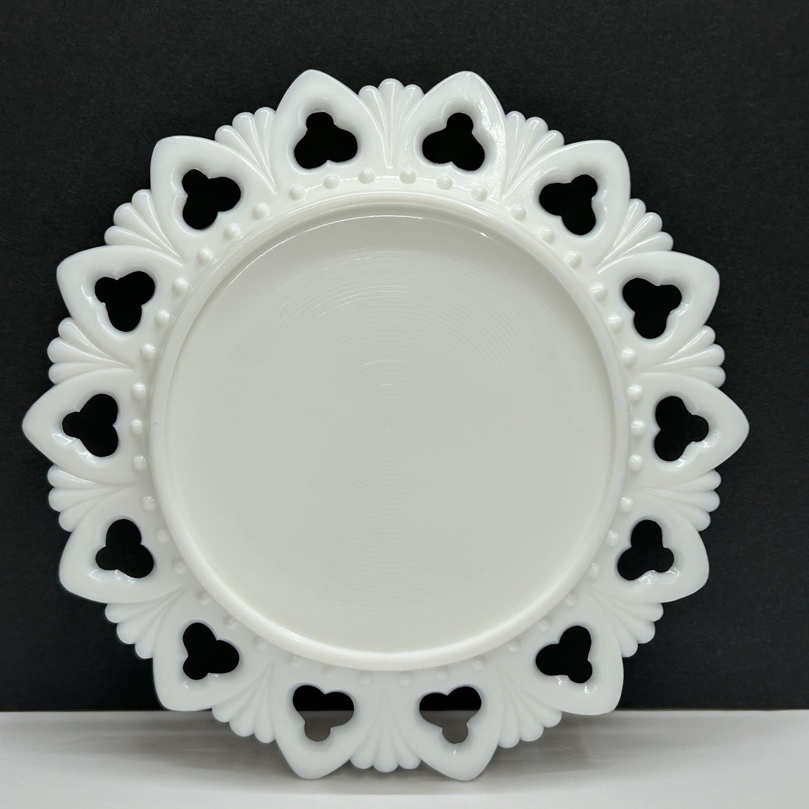 Kemple Milk Glass Plate “Shell & Club” Open Lace Border with Fruit Transfer VTG
