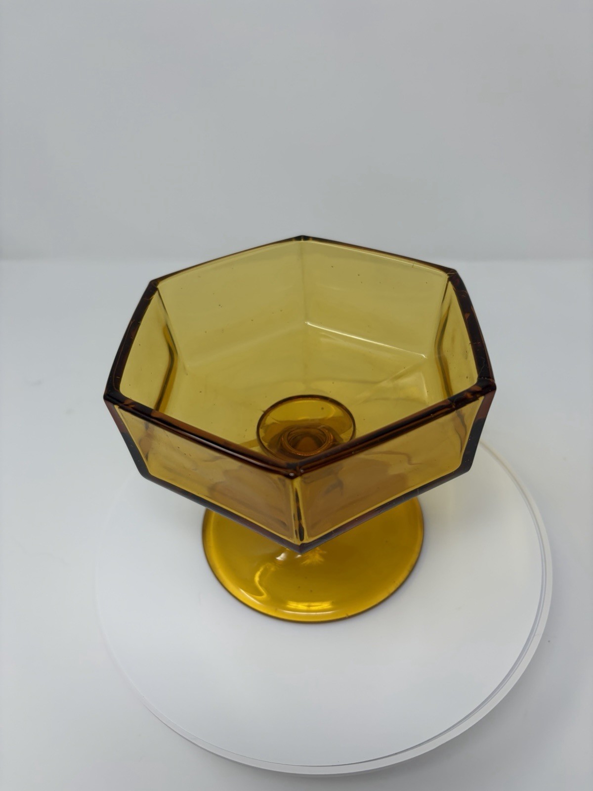 Vintage Amber Hexagon Covered Candy Dish Pedestal Compote Etched Glass MCM
