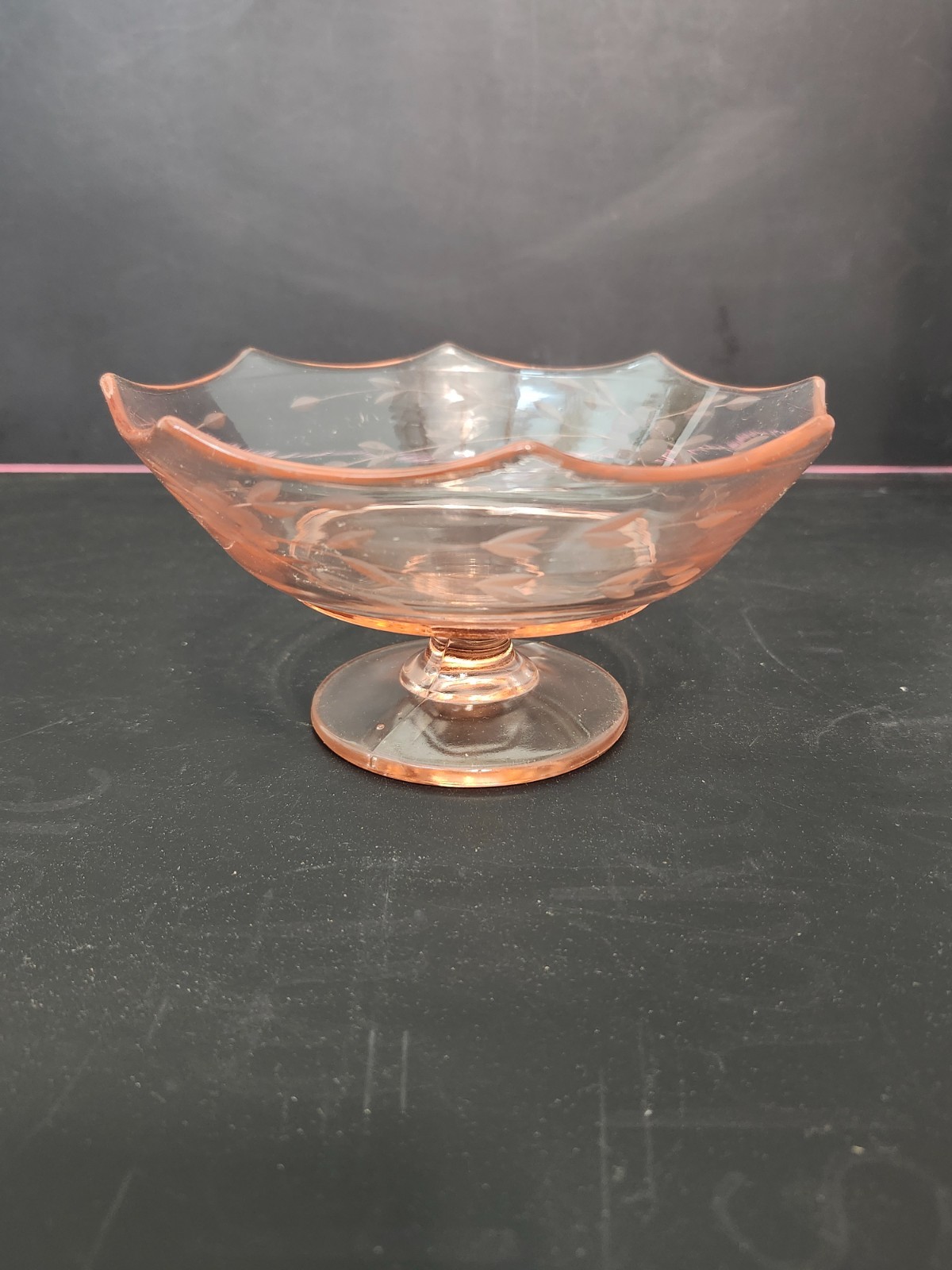 Imperial Glass Pink Etched Footed Compote Bowl 6¾” Leaf & Berry Pattern