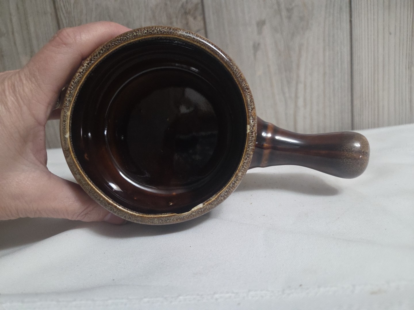 UNMARKED Pottery Brown Drip Glaze Handled SOUP / CHILI BOWL, no lid, just 1, VTG