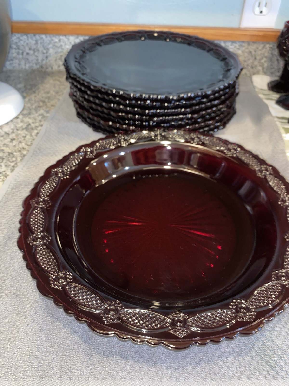Dark Red Pressed Glass Dinnerware Set Plates Goblets Mugs Bowls Butter Dish