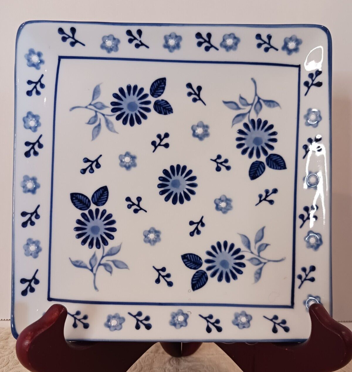 Vintage Yokohama Studio Blue & White Hand Painted Sq Plates Set of 3