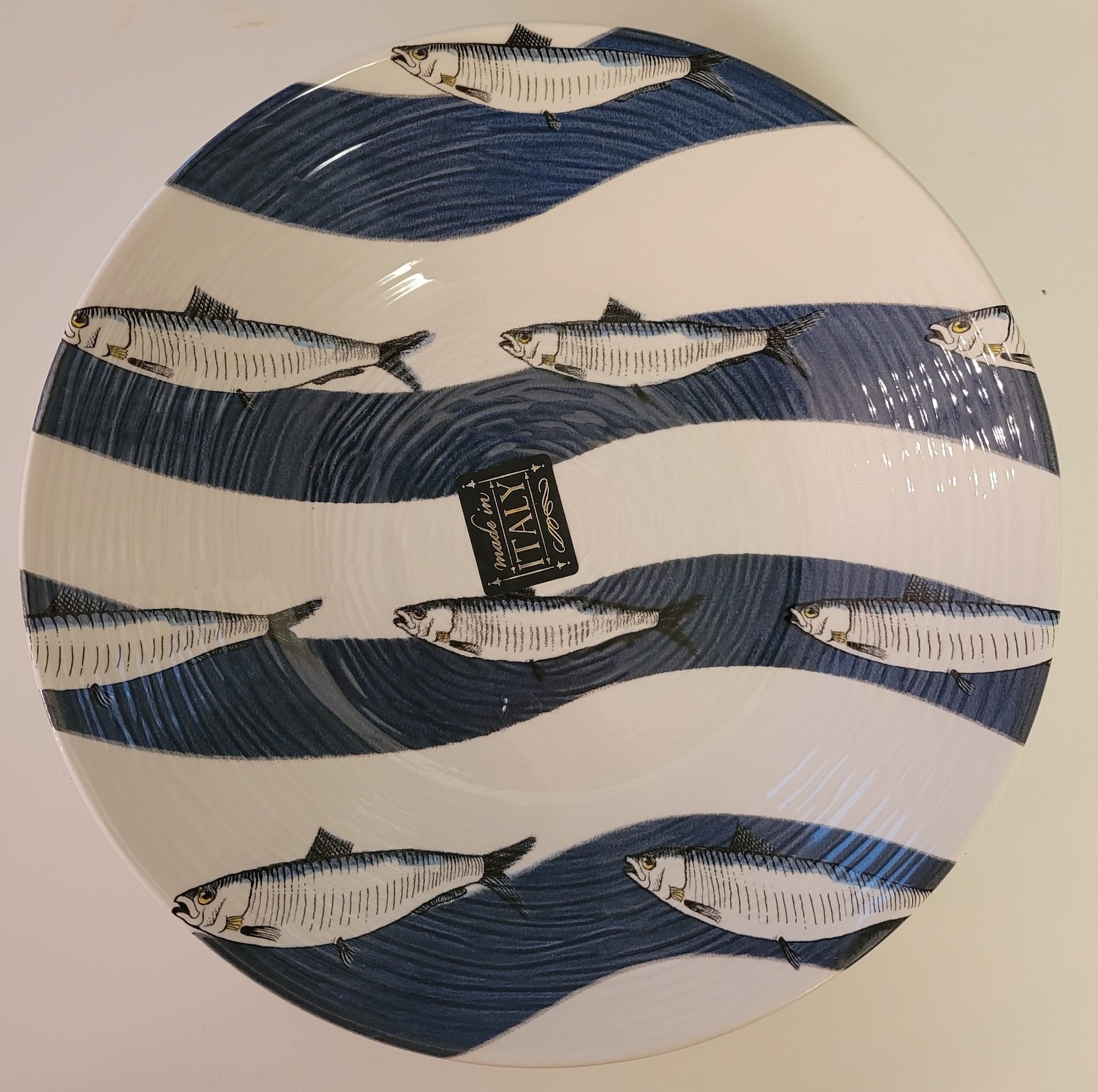 4ct Ceramiche Italia 8″ Pasta Bowls Italy Blue Wave Fish Coastal Beach Nautical